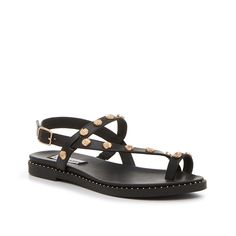 Steve Madden-Luciane Sandal The Luciane sandal from Steve Madden features oversized studs on the upper and toe strap to catch eyes. The micro studs along the midsole offer an edgy finishing touch. Black Studded Sandals, Studded Sandals, Cute Shoes, Dream Closet, Steve Madden, Sandals, Closet, Black