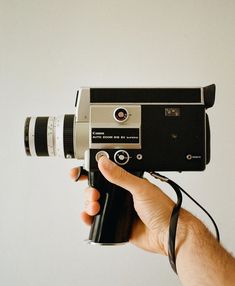 a hand holding a camera with a lens attached to it's body, in front of a white wall