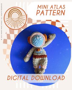 a small crocheted monkey is posed in front of a blue background with the words mini atlas pattern on it