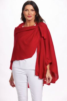 Front image of magic scarf loop and pull through wrap. Red drapey cardigan. Faux Wrap Top For Layering, Chic Wrap Shrug For Fall, Chic Fall Wrap Shrug, Versatile Wrap Top For Layering, Solid Wrap Top For Fall, Layering Wrap Top, Solid Color Wrap Top For Fall, Fall Wrap Top In Solid Color, Fall Wrap Top