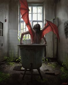 an instagram with a girl in a bathtub and red dragon wings