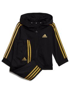 adidas Infant TracksuitSize & FitRegular fitAvailable in sizes 0-3 months - 3-4 yearsDetailsEnd use: LifestyleInfant Tracksuit by adidasBlack/GoldEach set contains: 1 x track top & 1 x joggersFixed hoodGold 3-Stripes trims keep their look rooted in sportFull zip fastening secures the fitBadge of Sport logo to chestElasticated waist for a custom fitRibbed ankle cuffsMaterial & CareMaterial Content: 100% PolyesterWashing Instructions: Machine Washable Adidas Baby, Adidas Track Suit, Basketball Clothes, Adidas Tracksuit, Tricot Fabric, Adidas Joggers, How To Hem Pants, Printed Joggers, Adidas Track