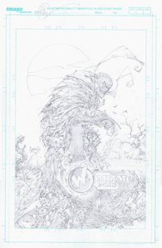 a pencil drawing of a man with long hair standing in front of a giant creature