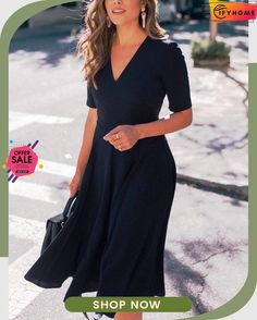 Half Sleeve Retro Solid Dress Perfect Spring Outfit, Vestidos Retro, Black Short Dress, Half Sleeve Dresses, Vestidos Vintage, Midi Short Sleeve Dress, Linnet, Formal Dresses For Women, Black Women Fashion