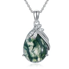 Elevate your style with our stunning dropshaped pendant necklace, expertly crafted in sterling silver and adorned with sparkling cubic zirconia and a captivating moss agate centerpiece, all plated in luxurious white gold for a timeless look that suits any occasion.This exquisite womens pendant necklace combines durability and elegance, featuring a sterling silver construction that ensures lasting quality. The center moss agate offers a unique, natural beauty, framed by shimmering cubic zirconia Luxury Silver Moss Agate Necklace, Moss Agate Jewelry, Silver Necklaces Women, Agate Jewelry, Agate Necklace, Moss Agate, Silver Pendant Necklace, Sterling Earrings, Sterling Silver Chains