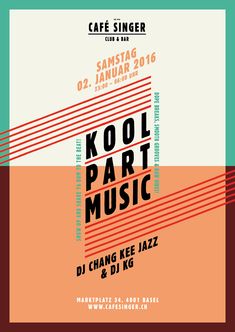 the poster for kool part music, featuring an orange and green background with red lines