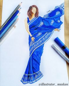 a drawing of a woman in a blue sari