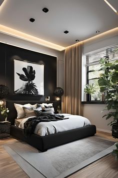 a bedroom with black walls and white bedding, potted plants on the wall