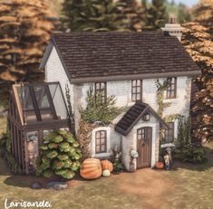 an animated house with pumpkins and trees in the front yard, surrounded by autumn foliage