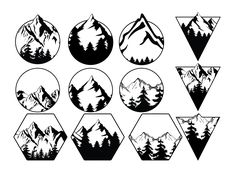 twelve mountain silhouettes in black and white, each with different shapes to represent the mountains