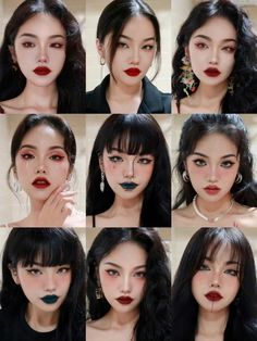 Red Lip Asian, Vampire Asian, Cute Vampire Makeup, Vampire Eye Makeup, Vampire Makeup Ideas, Aesthetic Makeup Looks, Dark Lip Makeup, Red Lipstick Makeup Looks, Red Makeup Looks