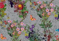 an image of flowers and butterflies on a gray background that is seamless to match the wallpaper