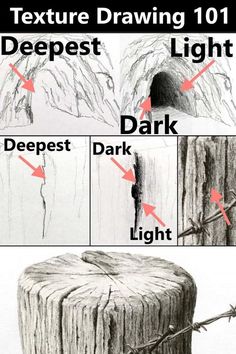 the steps to drawing a tree stump with text that reads texture drawing 101 deepest light deepest dark