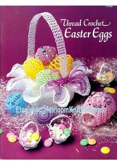 an easter basket filled with candy and candies on a purple background, surrounded by plastic eggs