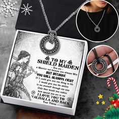 a necklace with an image of a woman's face and the words to my shield maiden on it