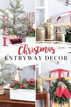 Christmas Entryway Wall Decor, Hall Tree Christmas Decorating Ideas, Entry Table For Christmas, Xmas Entryway Ideas, Christmas Bench Decor, Entry Table Christmas Decor Ideas, Christmas Entry Table, Christmas Entryway Table Decor, Christmas Entryway Decor