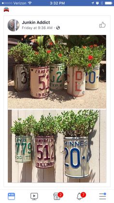 three different images of flower pots with numbers painted on them and plants growing out of them