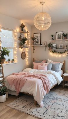 a bedroom decorated in pink and grey with lights on the wall above the bed, plants and potted plants