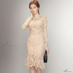 Knee-Length Lace Dress with Seven-Quarter Sleeves and Mermaid Hem Knee Length Lace Dress, Waist Circumference, Knee Length Dresses, Types Of Skirts, Quarter Sleeve, Olivia Mark, Flare Skirt, Types Of Collars, Flutter Sleeve