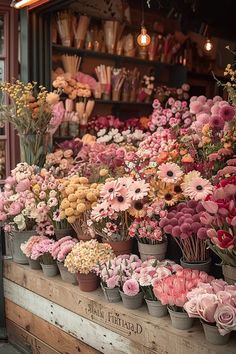 many different types of flowers are on display