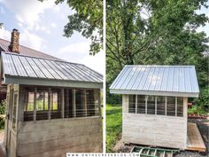 two pictures side by side of a small house with metal roof and windows on the outside