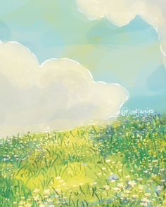 a painting of a grassy field with flowers and clouds in the sky behind it,