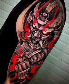 Mascara Samurai, Tato Irezumi, Tato Realis, Samurai Mask Tattoo, Japanese Warrior Tattoo, Tato 3d, Samurai Tattoo Sleeve, Warrior Tattoo Sleeve, Samurai Warrior Tattoo