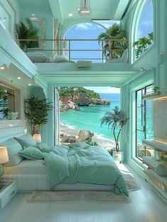 a bedroom with an ocean view is shown