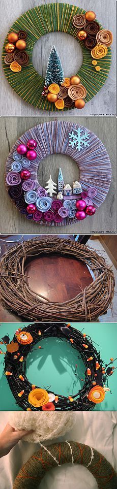 four different pictures of wreaths with buttons on them and one has an ornament in the middle