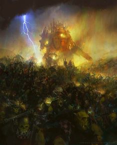 a painting of a giant robot standing in the middle of a field full of people