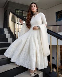 #ad Top Rated Handmade Chikankari Pure Cotton Indian Festive Kurti with Dupatta Set for Women, Fashion Dress White Anarkali Suits, Beige Suit, White Anarkali, Gown With Dupatta, Cotton Anarkali, Classic Wear, Anarkali Dress Pattern, Salwar Kamiz, Designer Anarkali