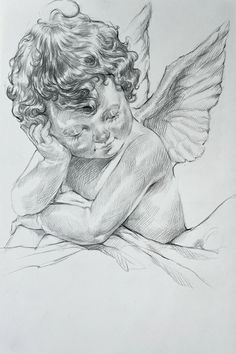 Drawing Of Sculpture, Floral Pencil Drawings, Cute Detailed Drawings, Peaceful Sketches, Detailed Pencil Drawings, Very Detailed Drawings, Cherubs Drawing, Angel Cherub Drawing, Angel From The Back Drawing