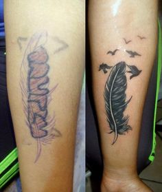 two different tattoos on both legs with birds flying in the sky and one has a feather tattoo on it