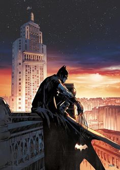 a batman sitting on top of a building with the city in the background at night