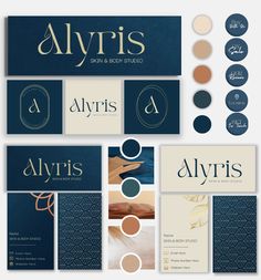 the logo and business cards for alyris skin & body studio, which has been designed