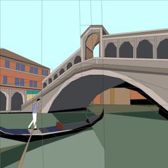 a drawing of a man riding a gondola down a river under a bridge