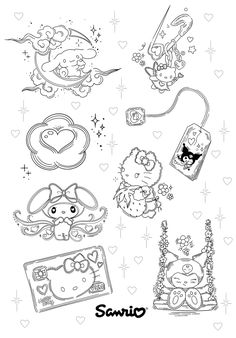 hello kitty coloring pages with hearts and other things to draw on the page, as well as