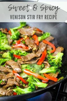 beef and veggies stir fry in a wok on the stove with text overlay