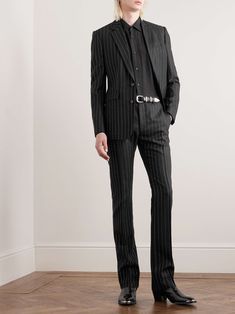 CELINE HOMME Slim-Fit Pinstriped Crystal-Embellished Wool-Twill Suit Trousers for Men Suit With Boots Men, Casino Outfit Men, Celine Menswear, Celestial Kingdom, Mens Closet, 70s Outfits, Pinstripe Suit