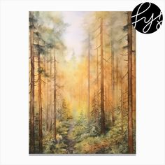 a painting of trees in the woods with yellow and orange colors on it's sides