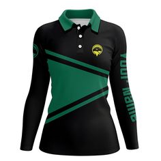 a women's black and green long sleeved shirt with an emblem on the chest