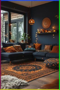 a living room filled with lots of furniture next to a large open window and a rug on the floor