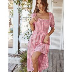 Pink Plaid Print Square Neck Midi Dress Pink Plaid Dress, Party Dress Patterns, Plaid Tie, Smocked Dress, Layer Dress, Flounce Sleeve, Plaid Fashion, Puffed Sleeves Dress, Pink Plaid