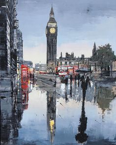 a painting of big ben in london with people walking on the street and busses