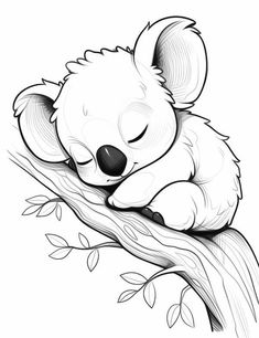 a koala sleeping on top of a tree branch with its head resting on the branch