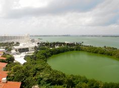 an aerial view of a large green lake in the middle of trees and buildings around it