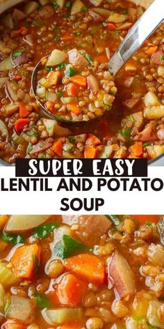 two pictures side by side showing lentil and potato soup in a pot with spoons