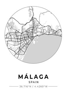 a black and white map of the city of malaga, spain in a circular shape