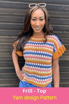 a woman wearing a crochet top with text overlay that reads,'free - to - do yarn design pattern friday '