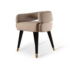 an upholstered chair with black legs and a beige fabric seat, on a white background